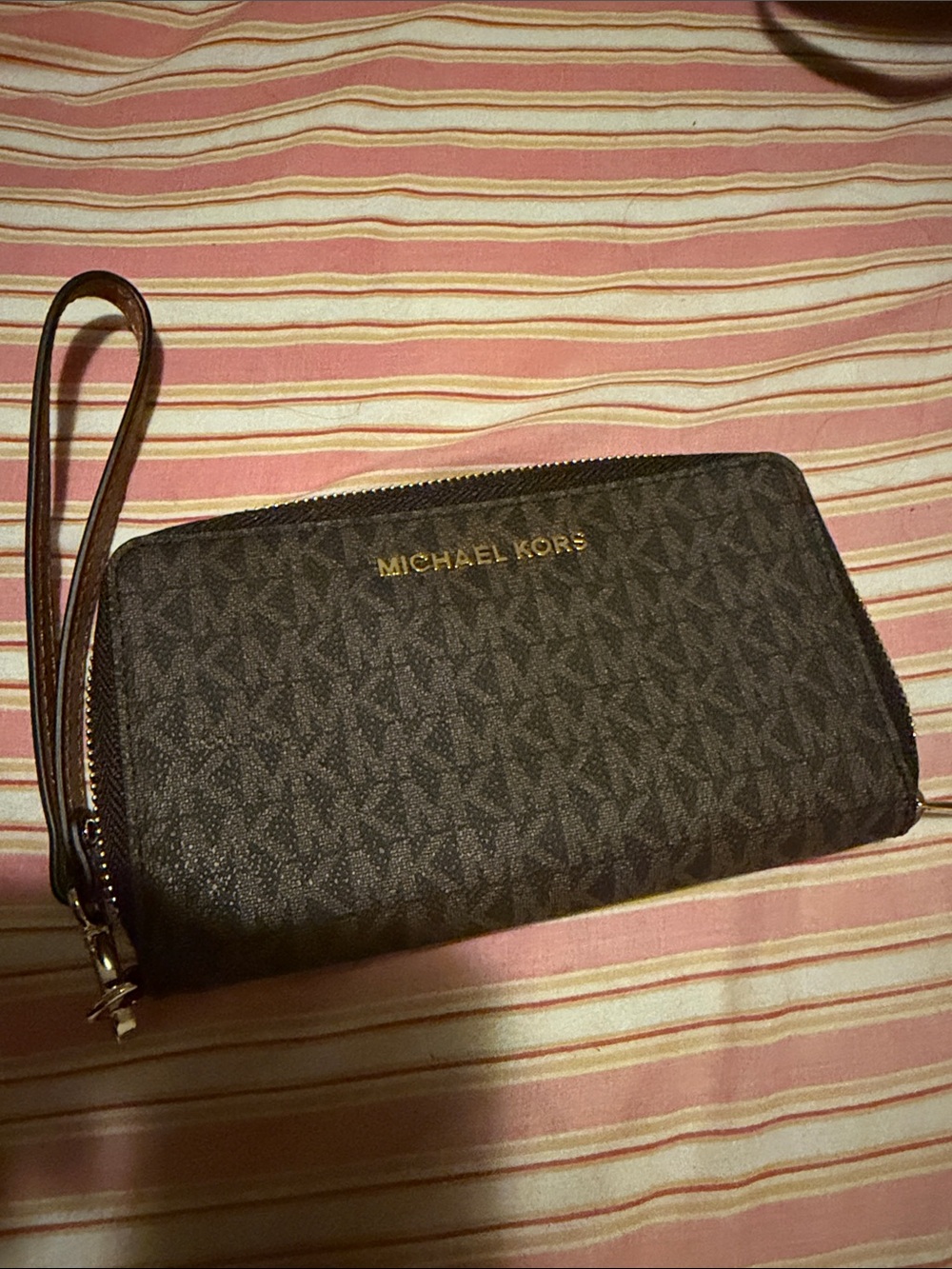 Michael Kors Brown Logo Zip Wristlet Wallet with Gold-tone Nameplate